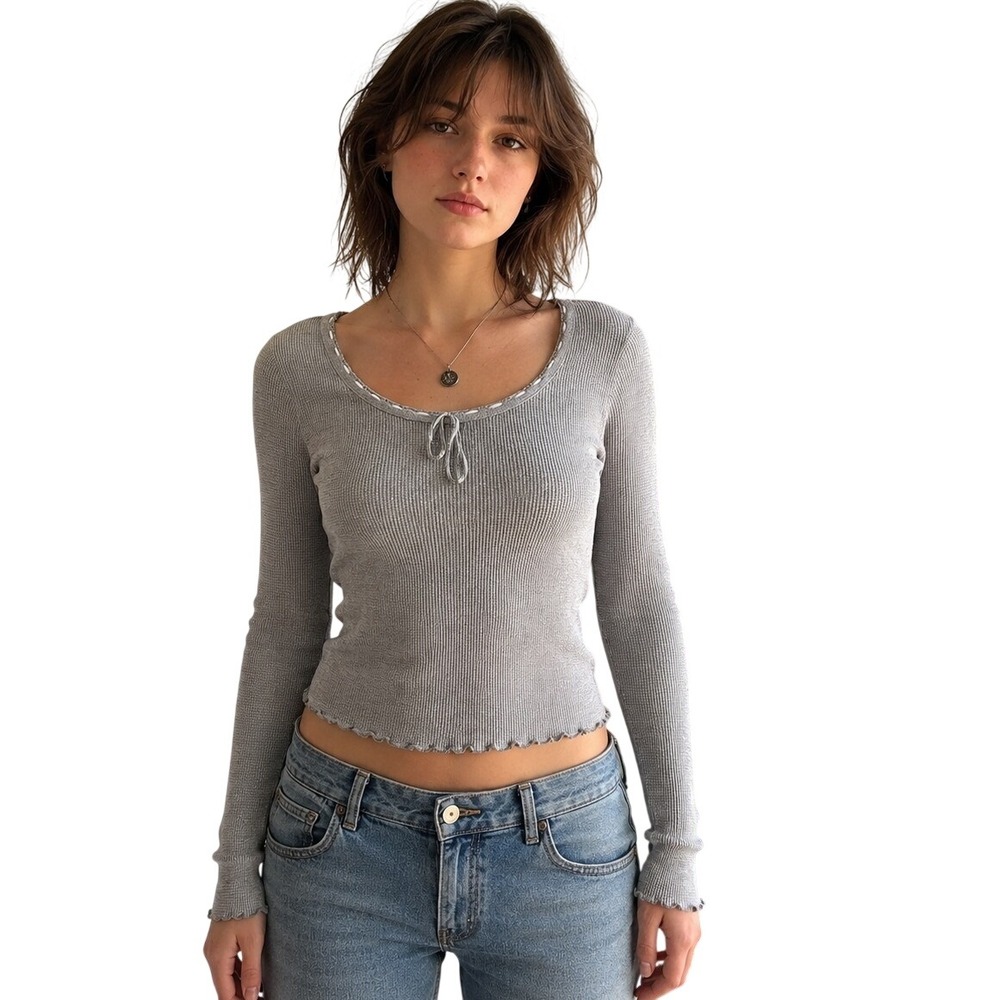 Vtg LIMITED Y2K Waffle Knit Thermal Fitted Top Large Coquette Lettuce Hem‎ Bow